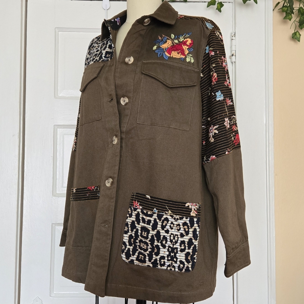 Eclectic Embroidered Patchwork Jacket - Floral, Leopard Print - Cotton - Tru Lux
